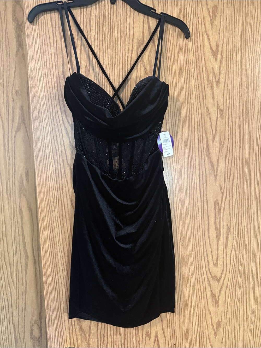 Windsor Black Velvet Cowl Neck Mini Dress with Crisscross Straps